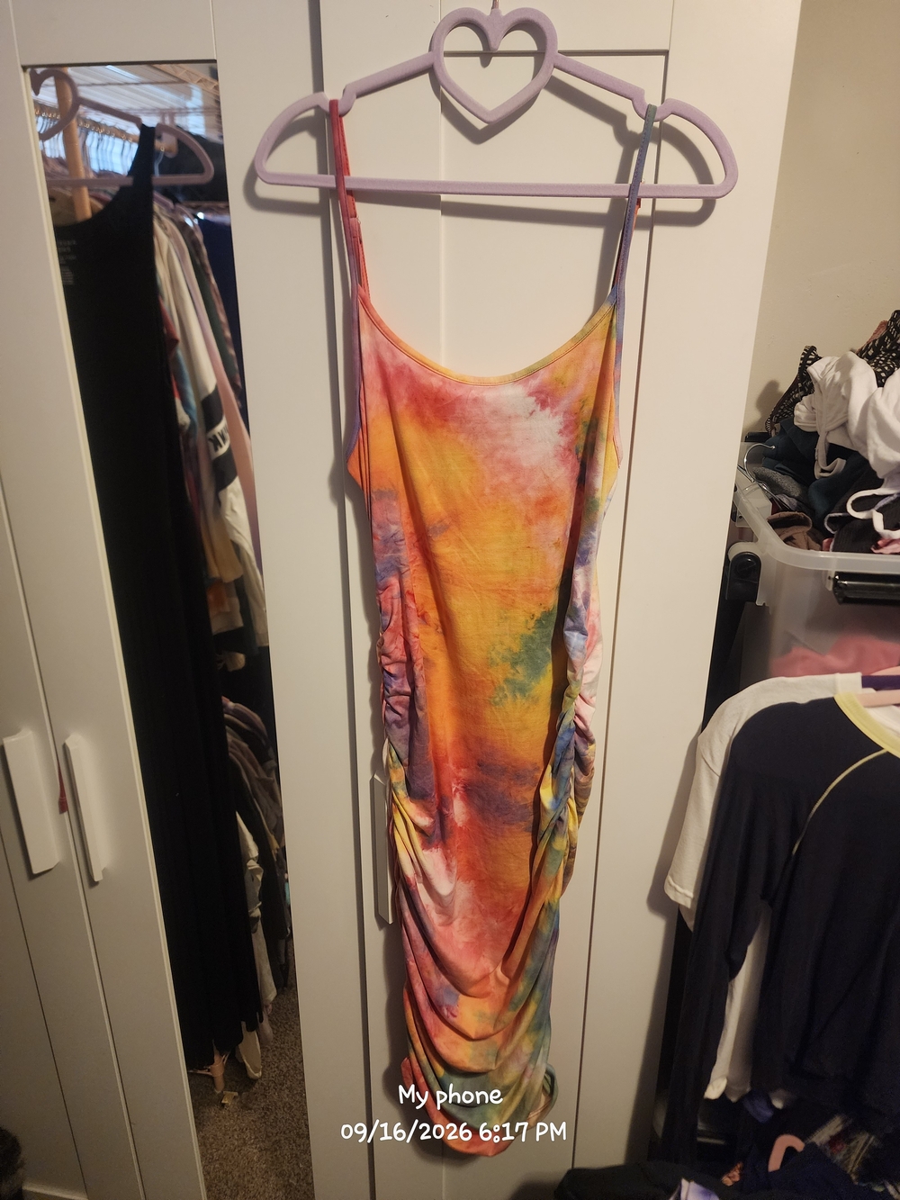 Heart Hips Multicolor Tie-Dye Ruched Spaghetti Strap Midi Dress